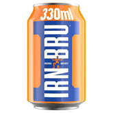 Irn Bru - Original - 330ml can, the iconic Scottish drink, features an orange and blue design with "Original and Best" text and a central figure.